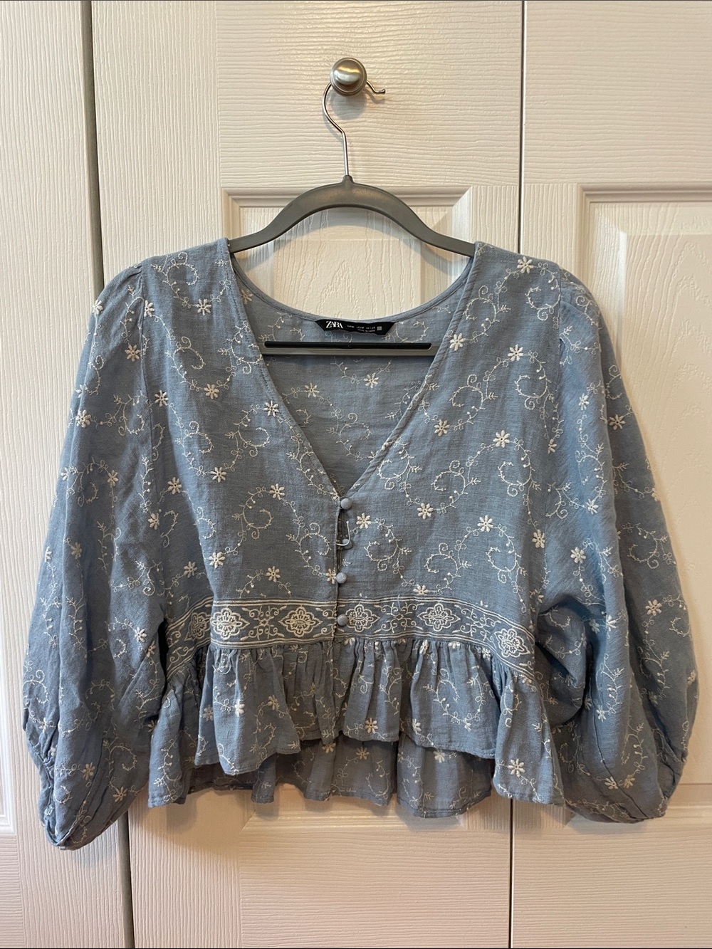 Zara Light Blue Embroidered V-Neck Ruffle Peplum Blouse